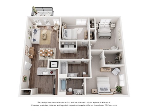 Floor plan for 3 beds, 2 baths, 1326 sqft